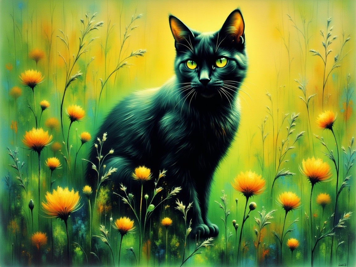 Black Cat in Vibrant Field of Yellow Flowers
