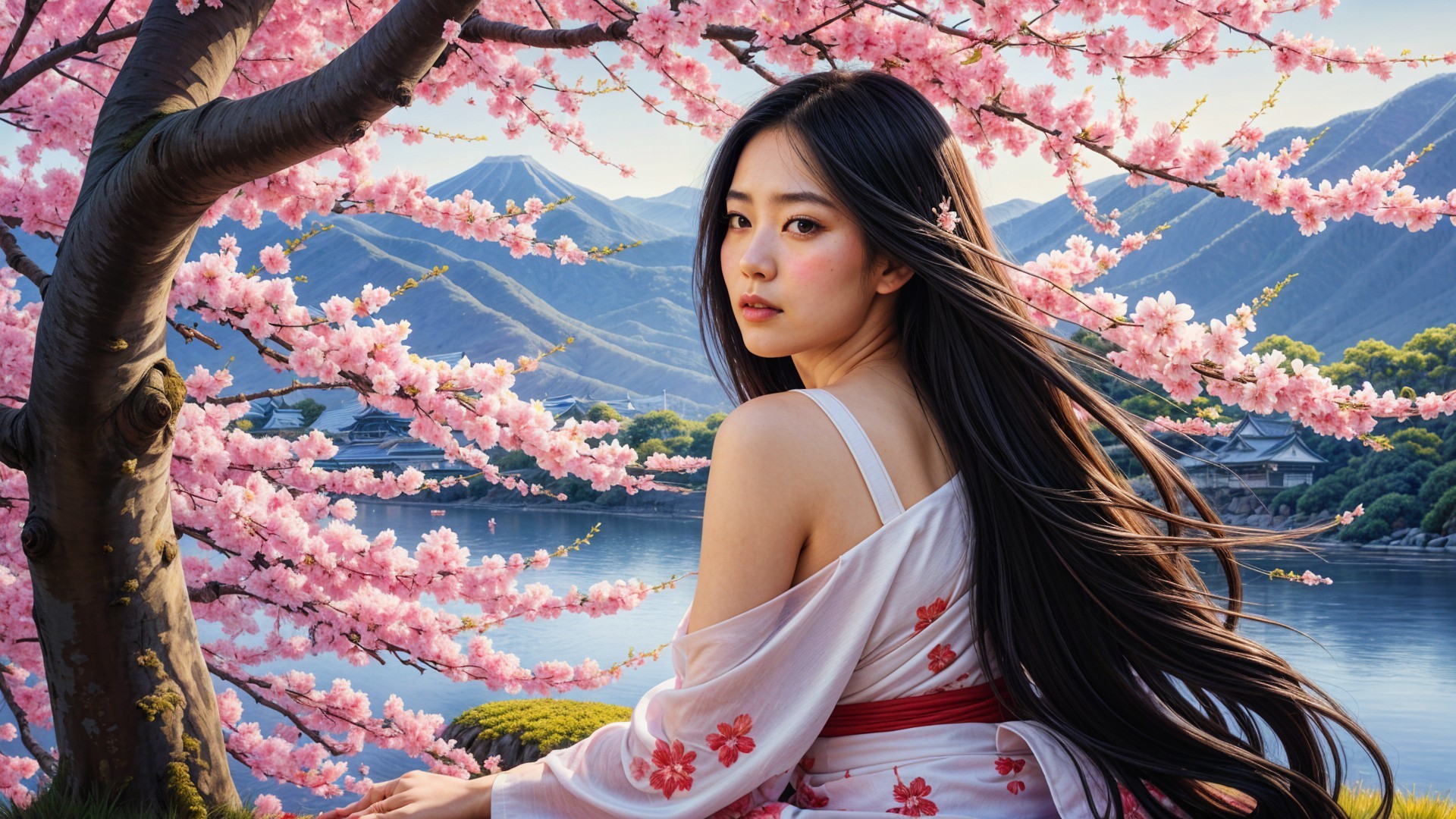 Young Woman in Kimono Surrounded by Cherry Blossoms
