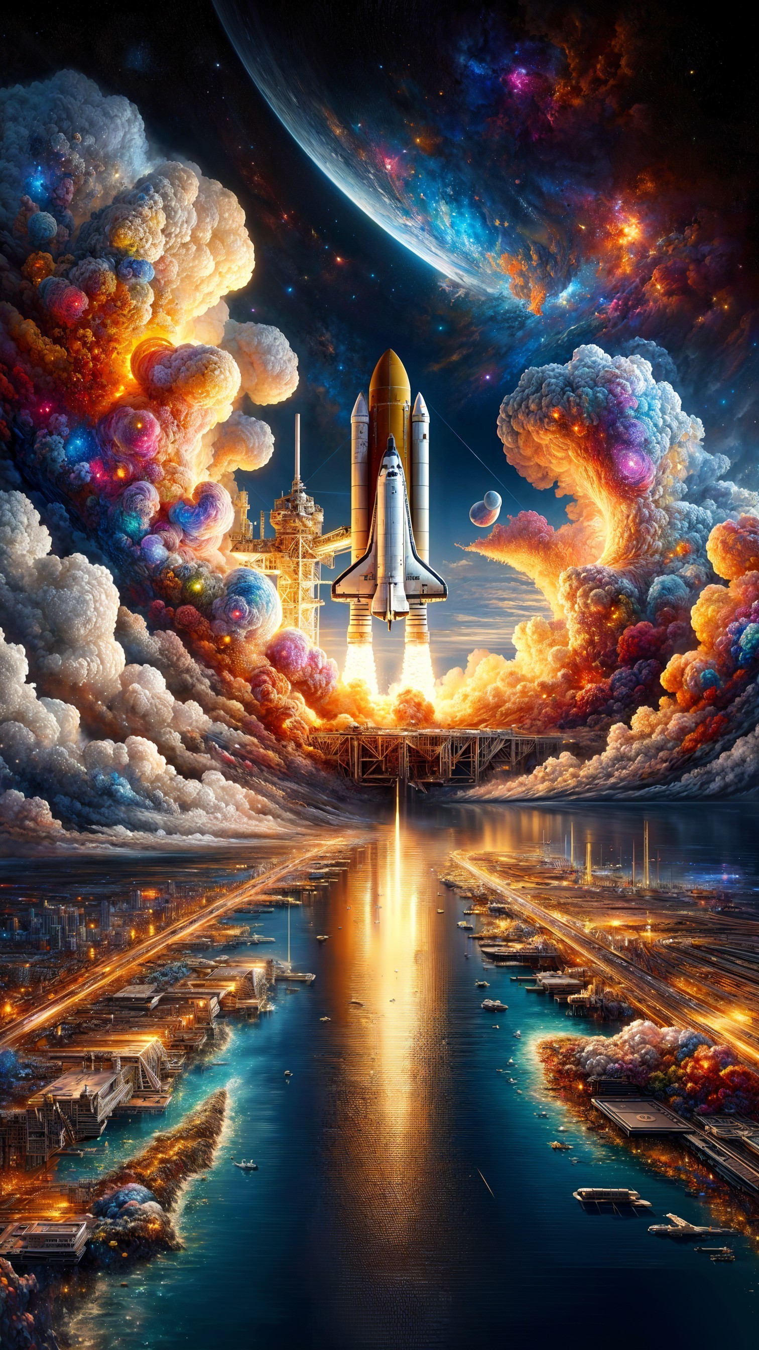Majestic Space Shuttle Launch in Cosmic Landscape