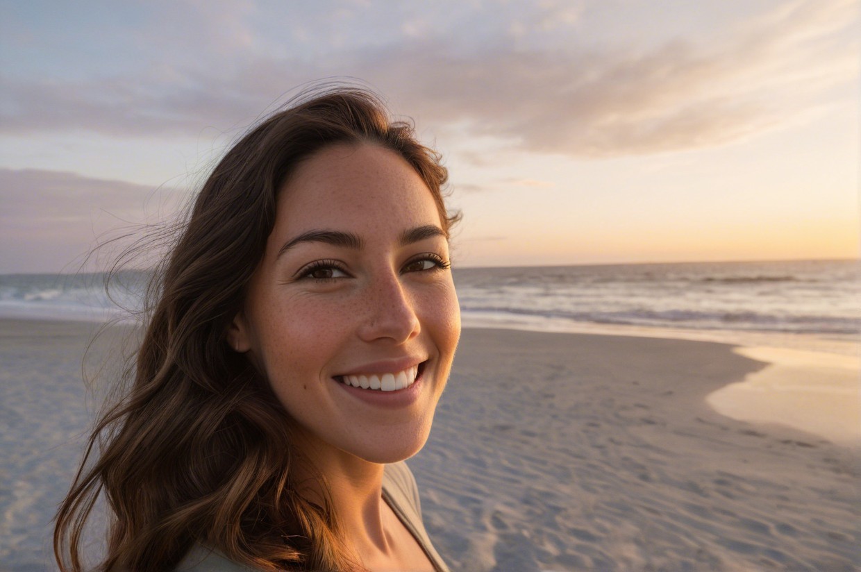 Young woman smiling on beach at sunset with waves