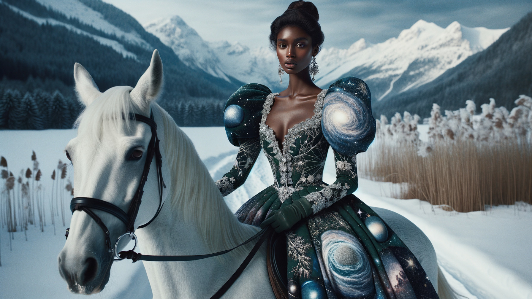 Figure on White Horse in Snowy Mountain Landscape