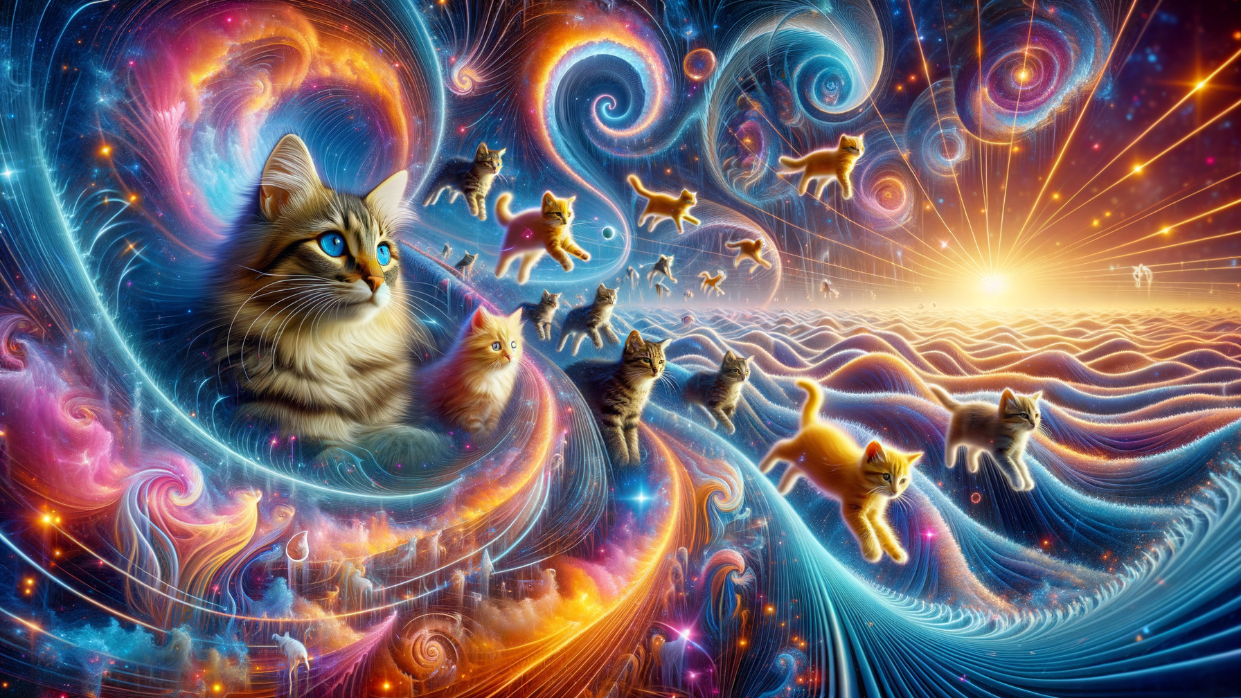 Cosmic Scene with Colorful Cats in Galactic Setting