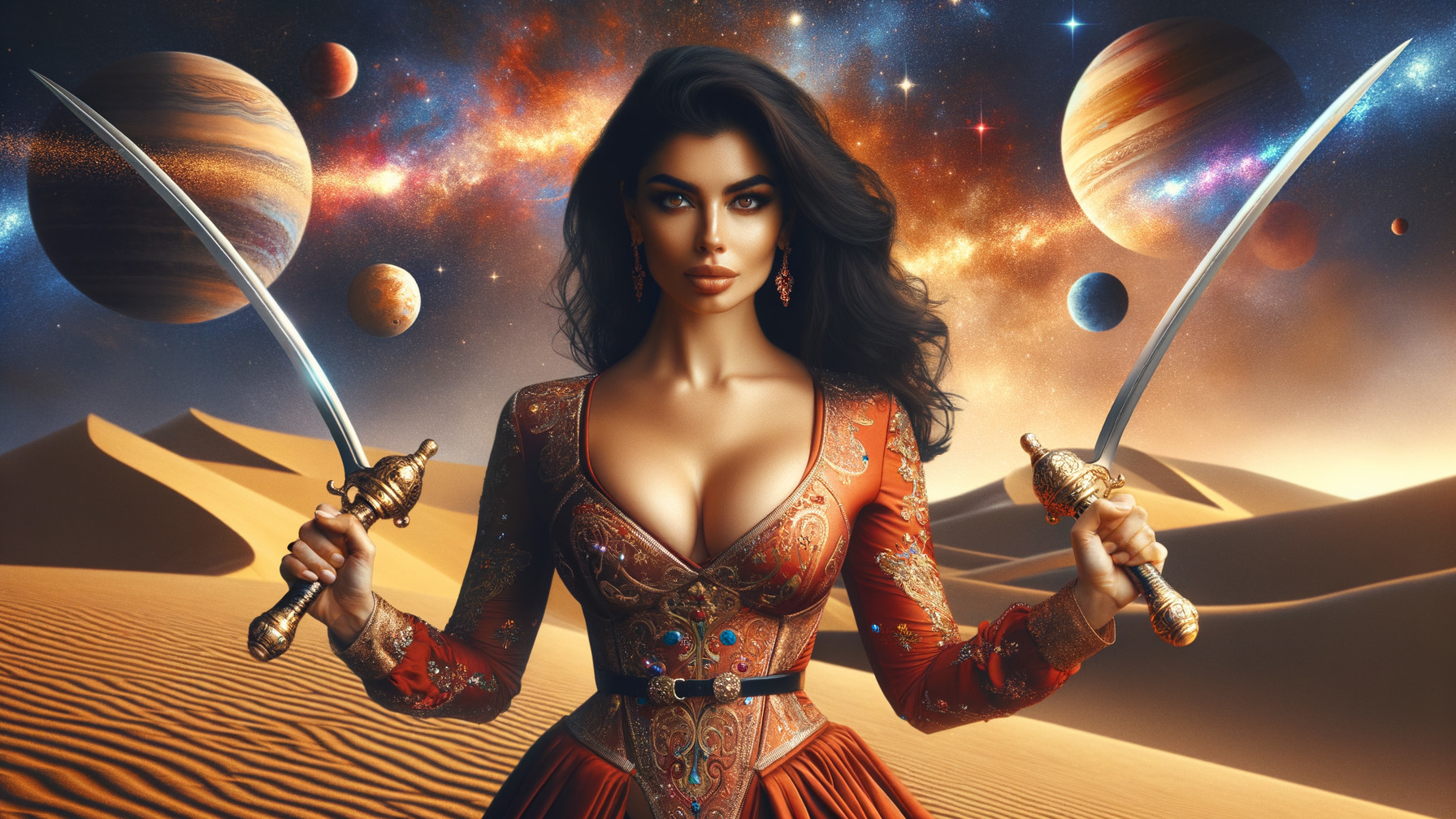Fierce Warrior in Desert with Cosmic Background