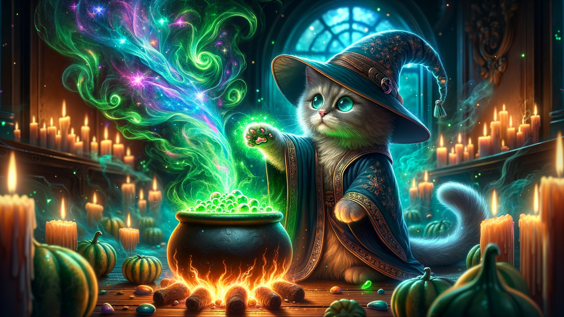 Fluffy Cat in Wizard Hat by Bubbling Cauldron