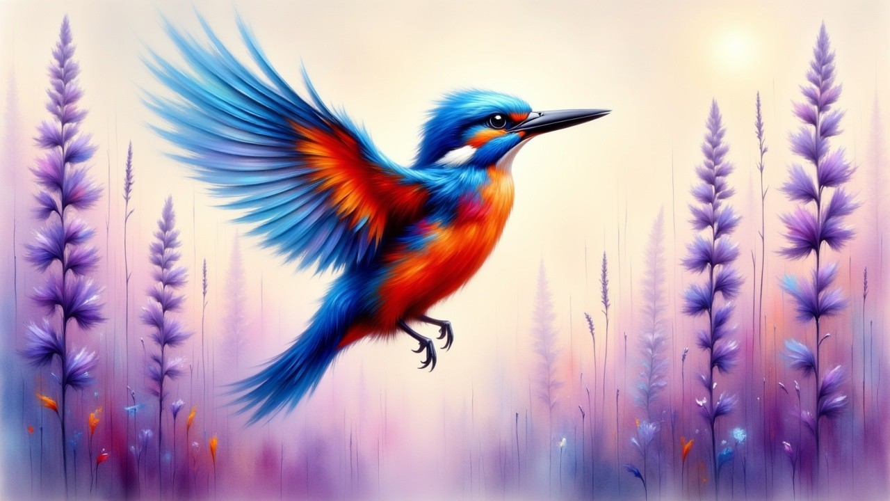 Vibrant Kingfisher in Mid-Air Over Pastel Flowers