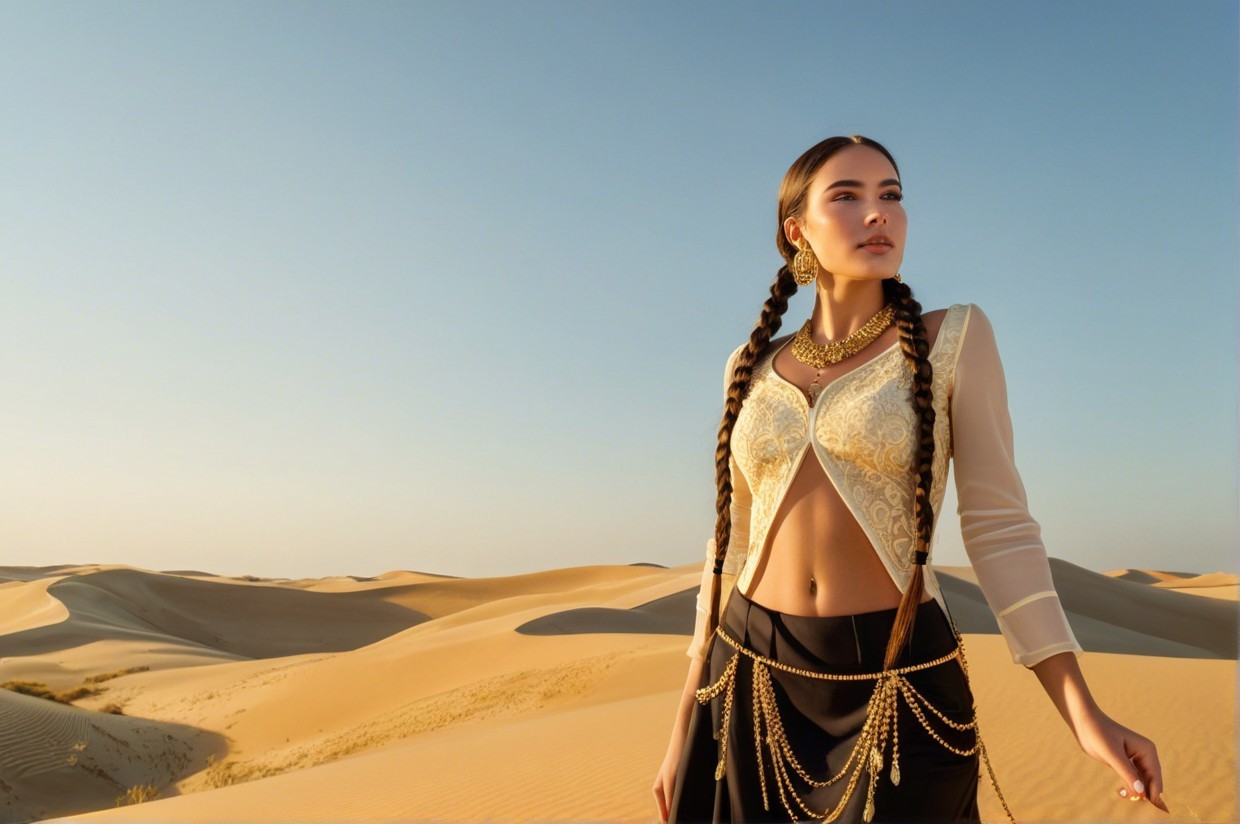 Young woman in elegant outfit in desert landscape