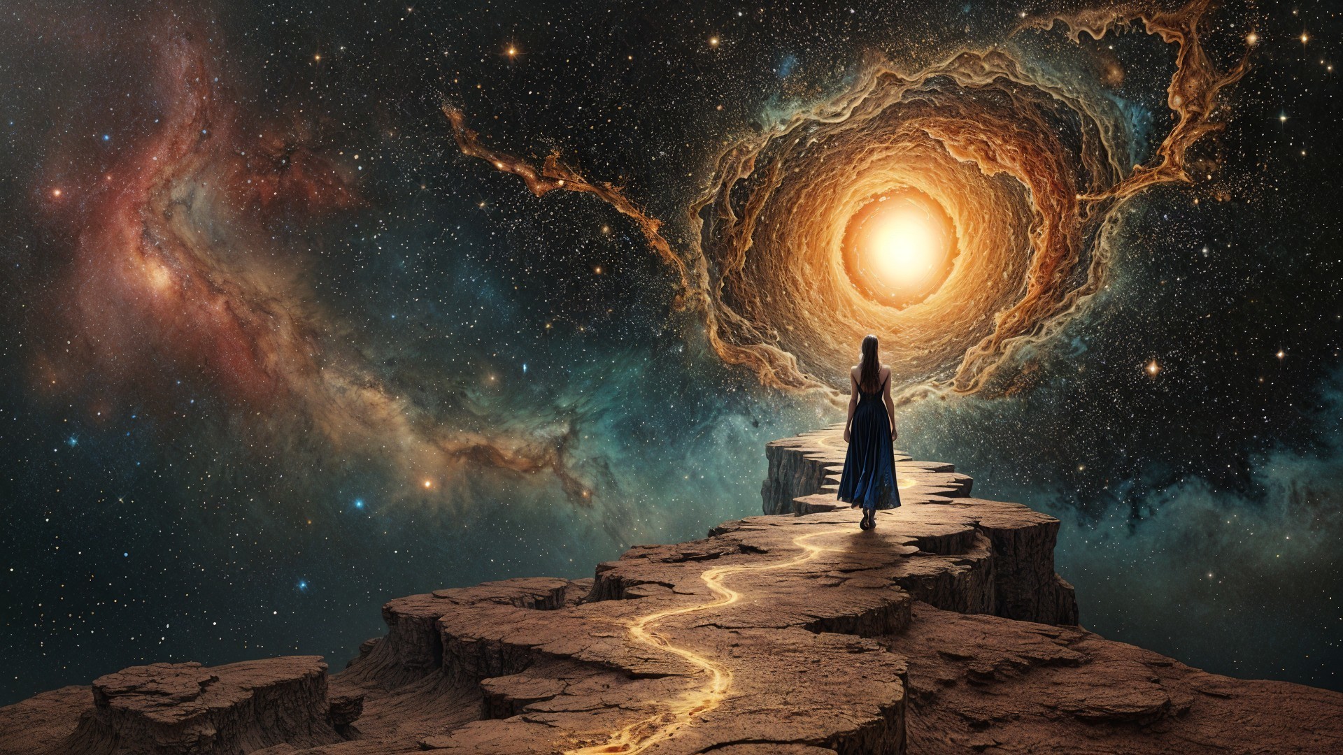 Figure in Blue Dress on Cosmic Pathway to Vortex