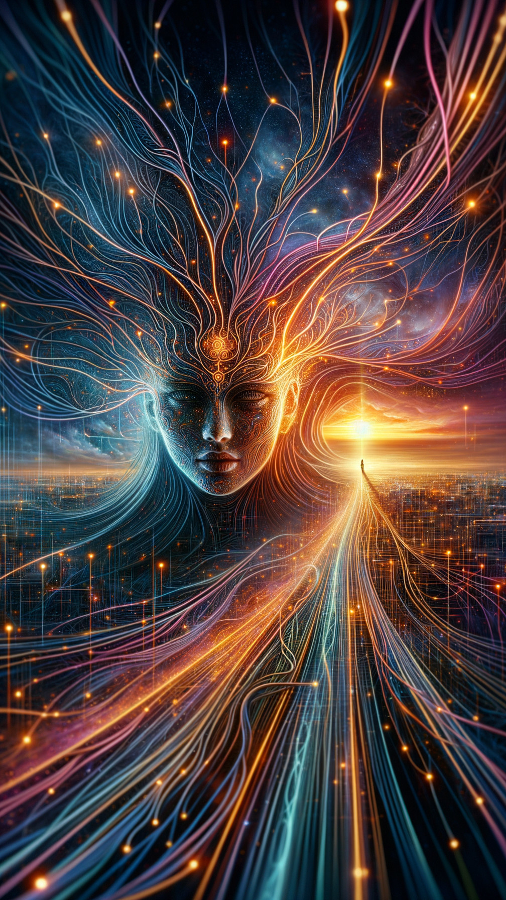 Surreal Face Amidst Vibrant Lines and Cosmic Background