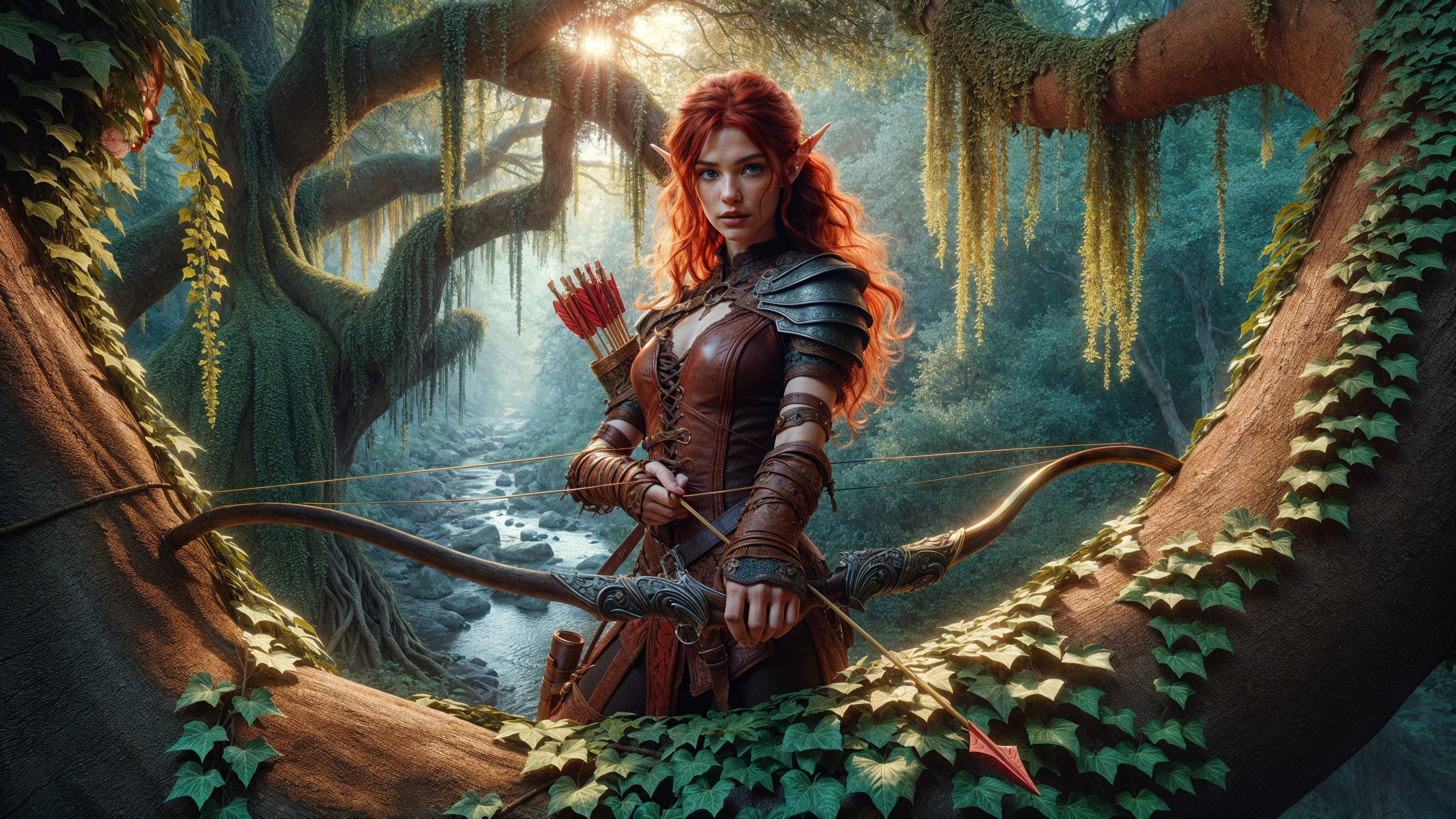 Fierce elf warrior in enchanted forest setting