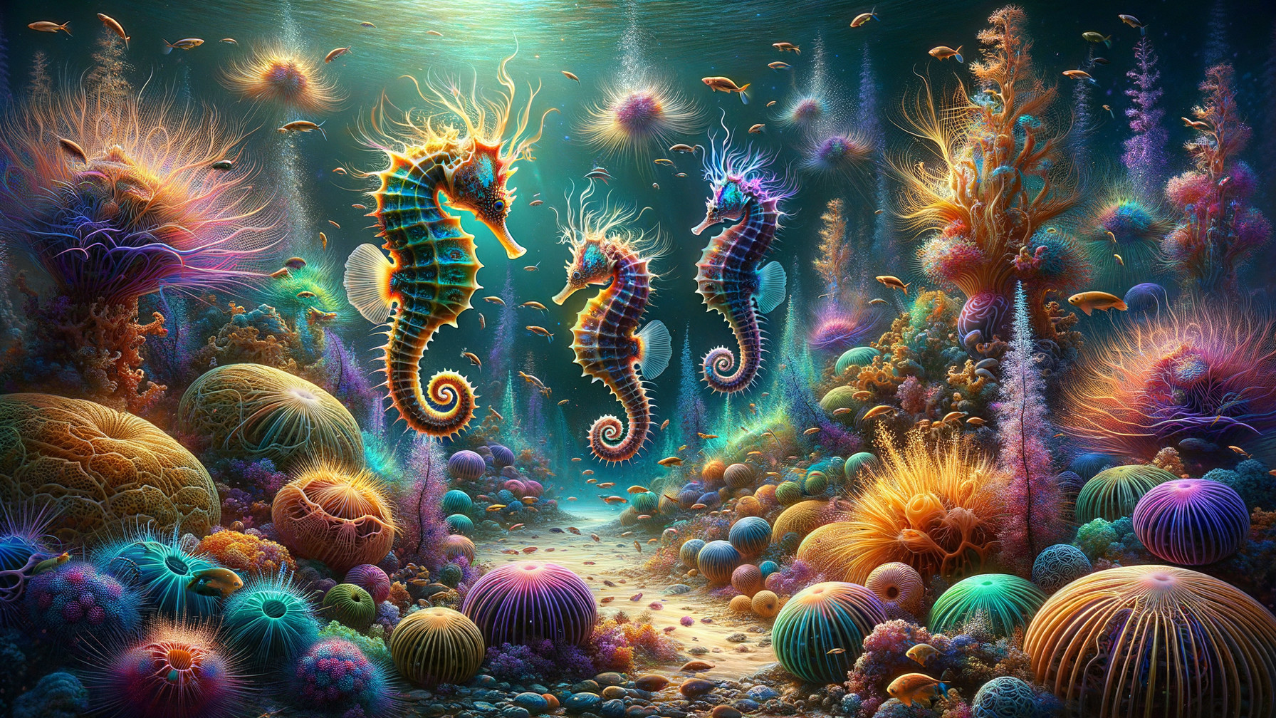 Vibrant Underwater Scene with Colorful Seahorses and Coral