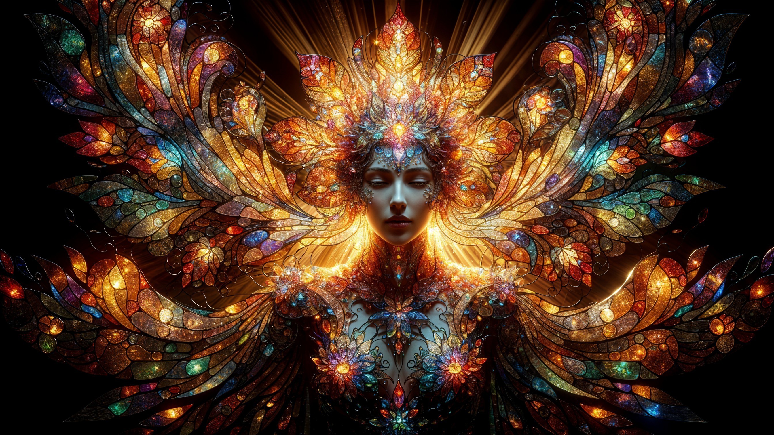 Fantastical figure with stained glass patterns and colors