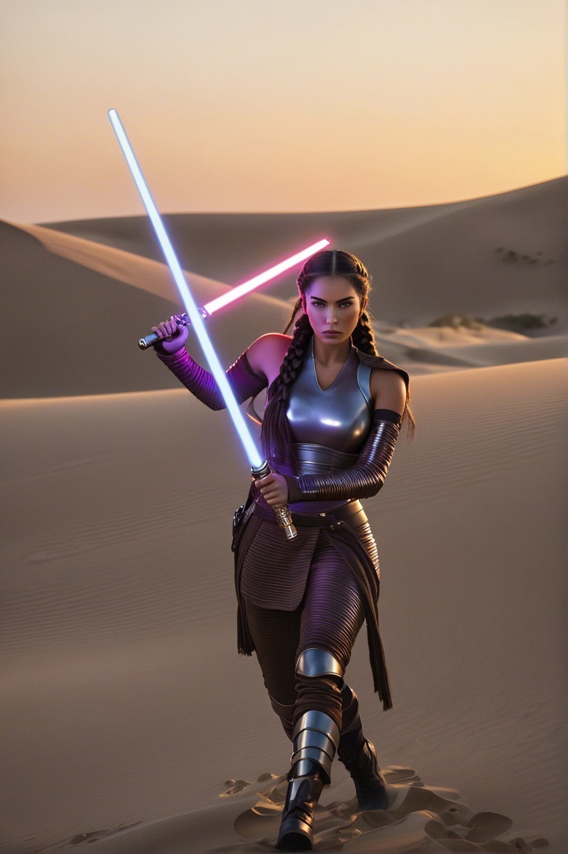 Warrior with Lightsabers in Desert at Sunset