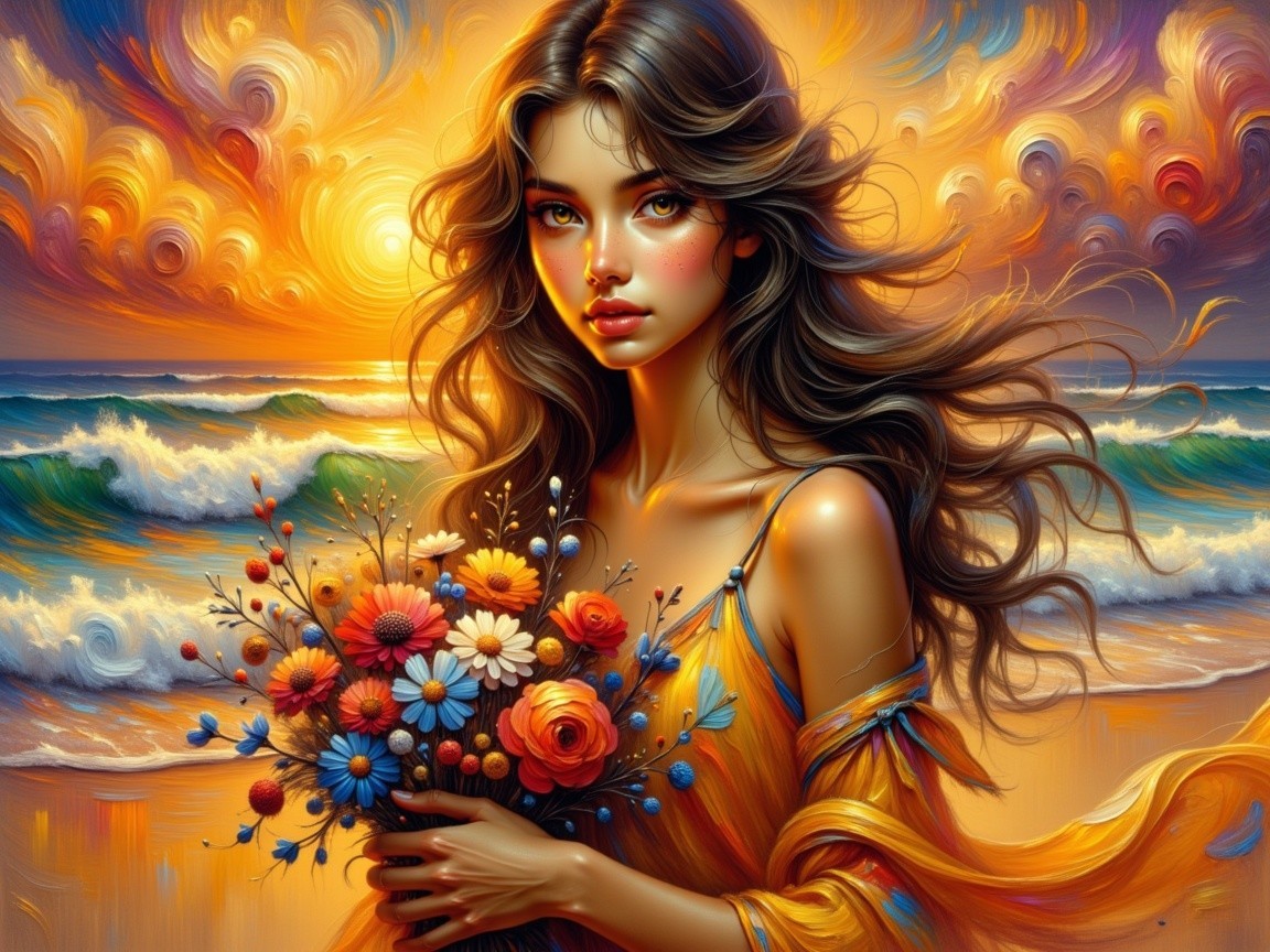 Young woman in orange dress at beach sunset