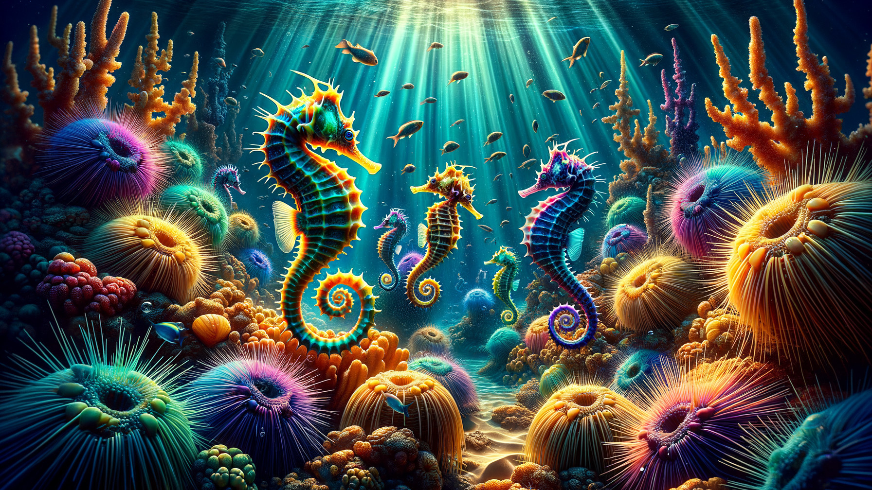 Vibrant Underwater Scene with Seahorses and Coral