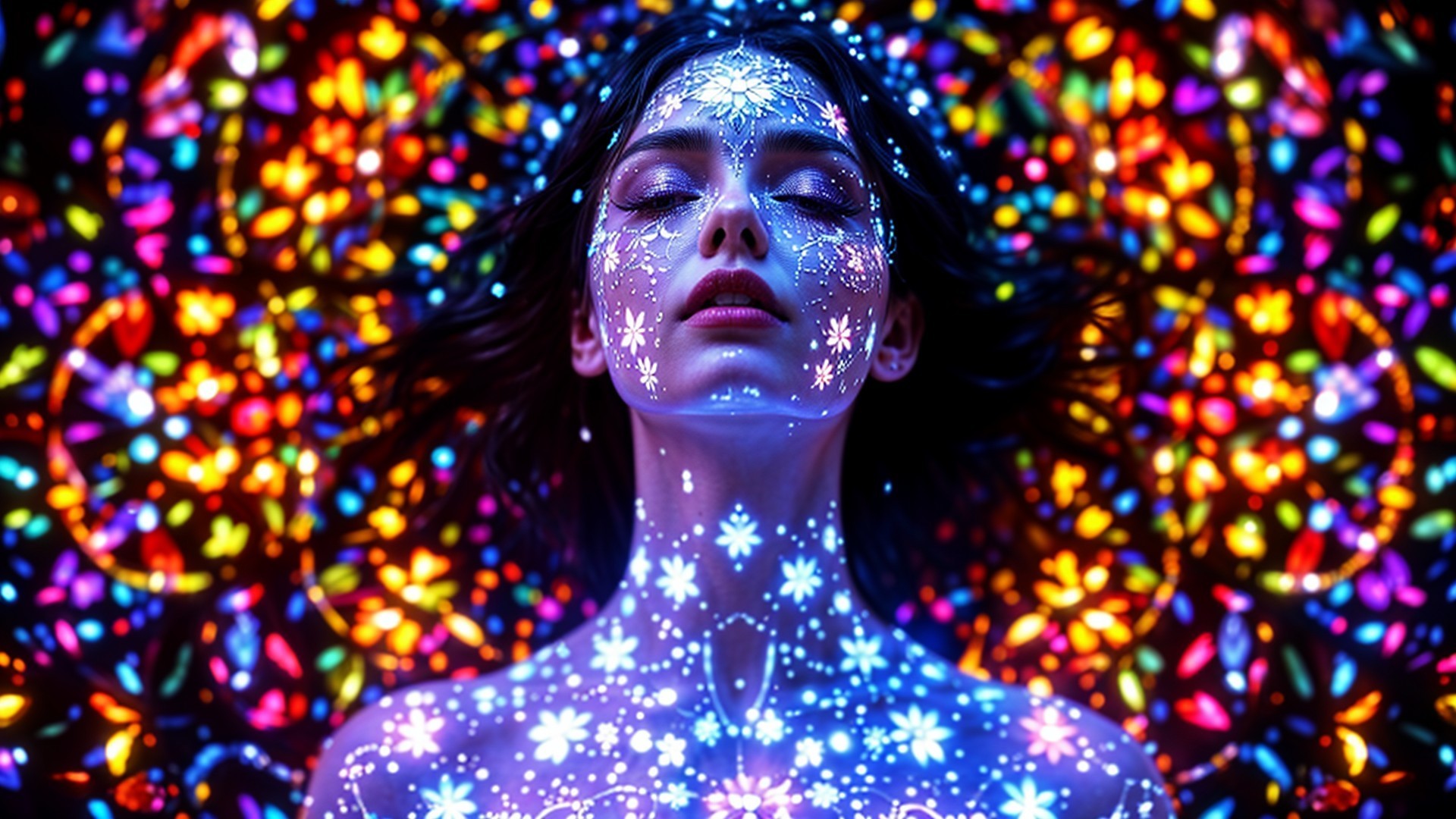 Woman with Floral Face Paint on Colorful Background