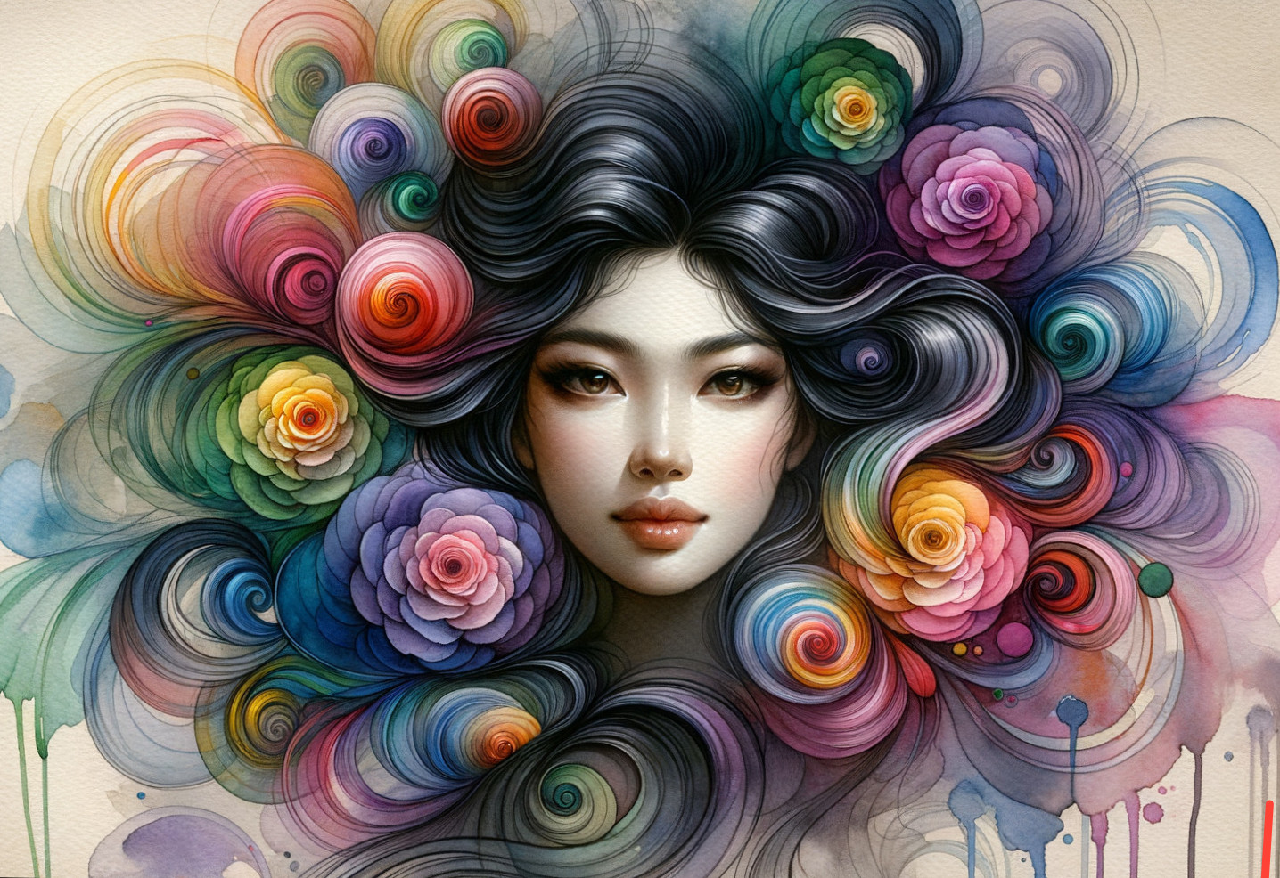 Serene Portrait of a Woman with Roses and Colorful Swirls