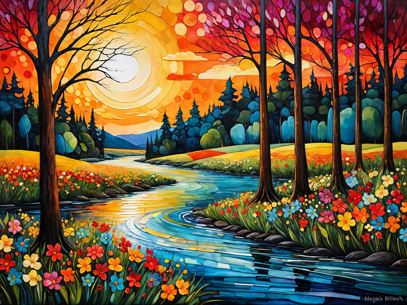 Vibrant Landscape with River and Colorful Autumn Foliage