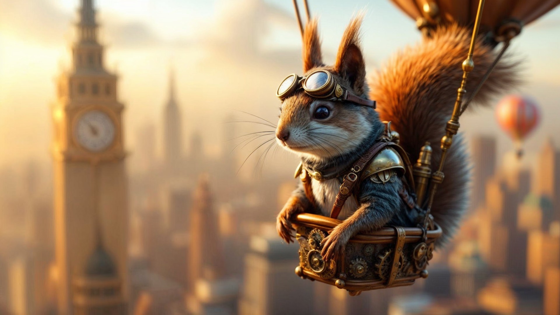 Squirrel in Steampunk Balloon Over City Skyline