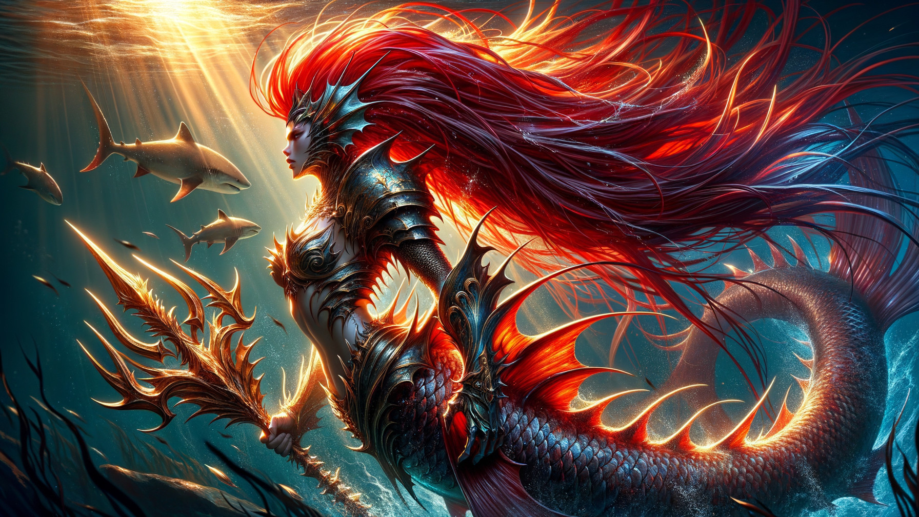 Mermaid Warrior in Armor Surrounded by Sharks