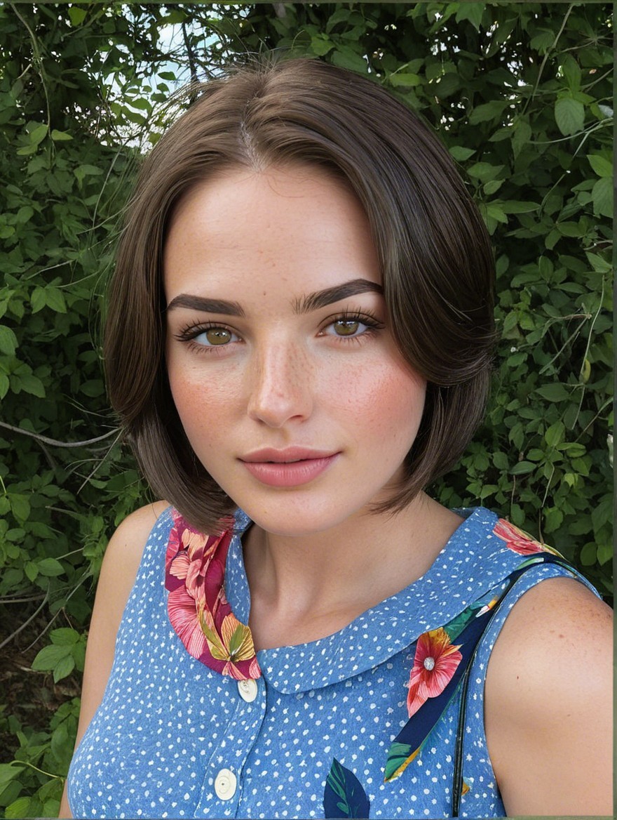 Young Woman in Floral Dress Against Green Backdrop