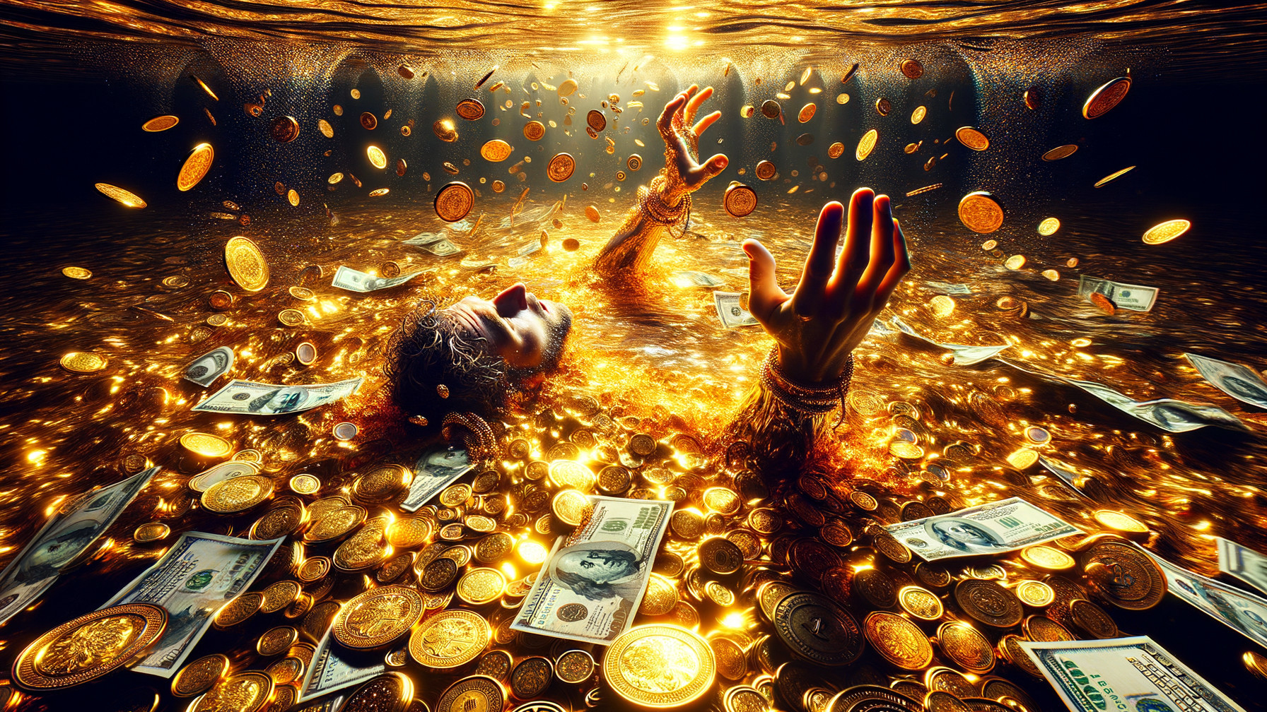 Underwater Scene of Figure Surrounded by Gold Coins