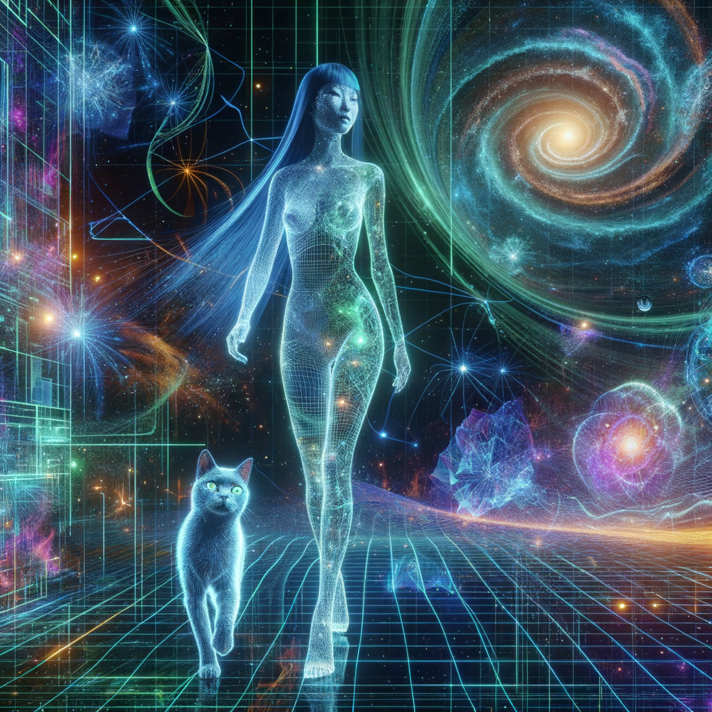 Futuristic Holographic Woman in Cosmic Landscape