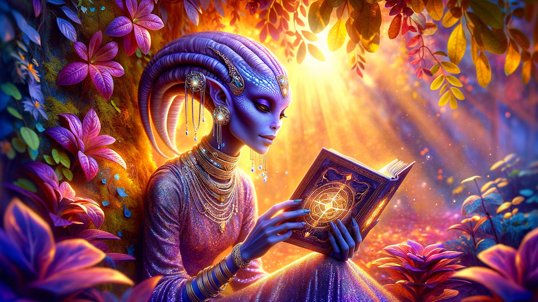 Alien Figure in Enchanted Forest Reading Mystical Book