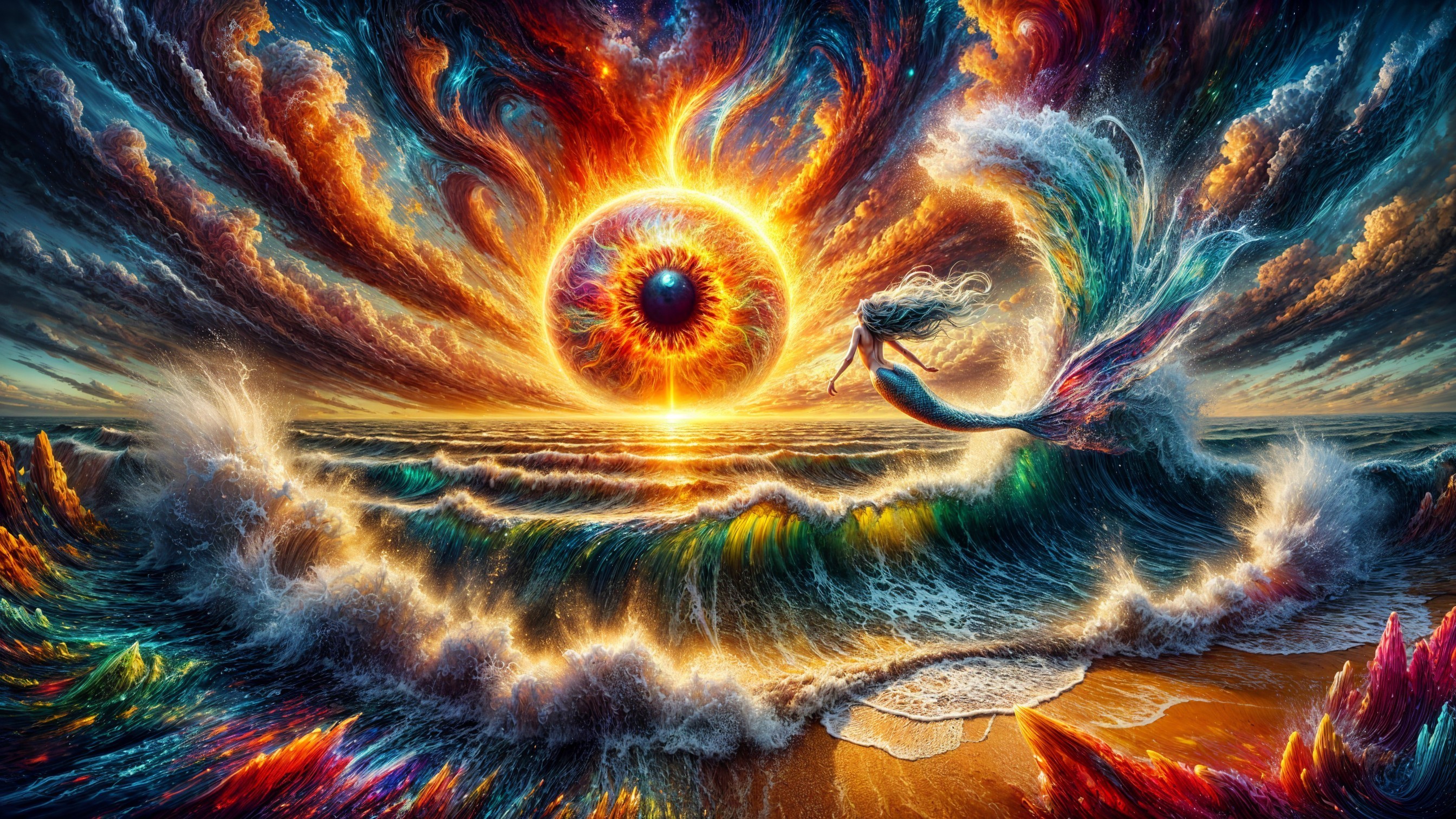 Vibrant Clouds and Mermaid in a Magical Ocean Scene