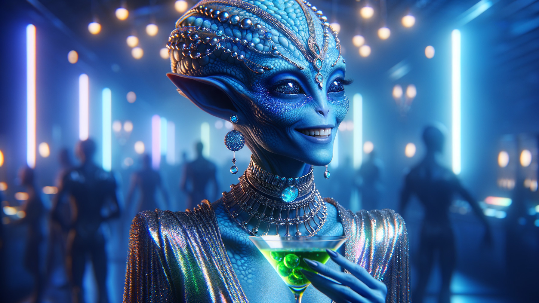 Elegant Blue Alien in Futuristic Bar Setting
