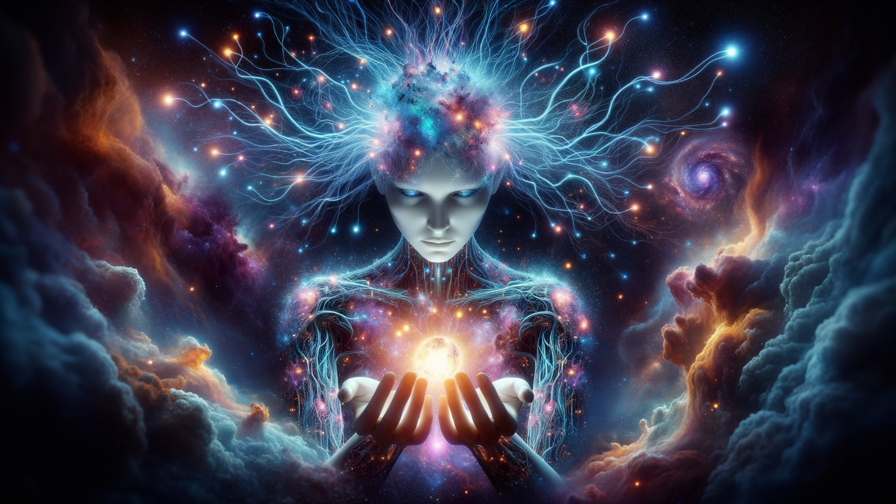 Humanoid Figure with Luminous Aura in Cosmic Scene