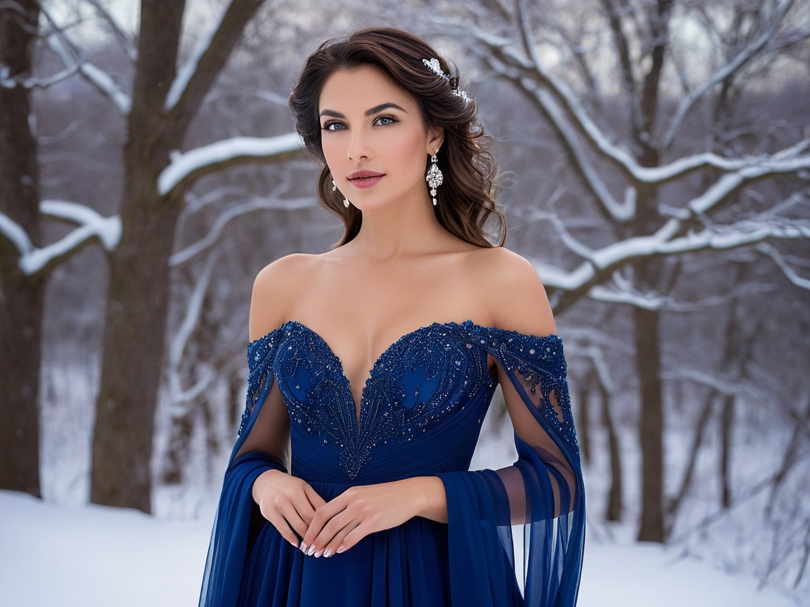 Elegant Woman in Blue Off-Shoulder Gown in Snow