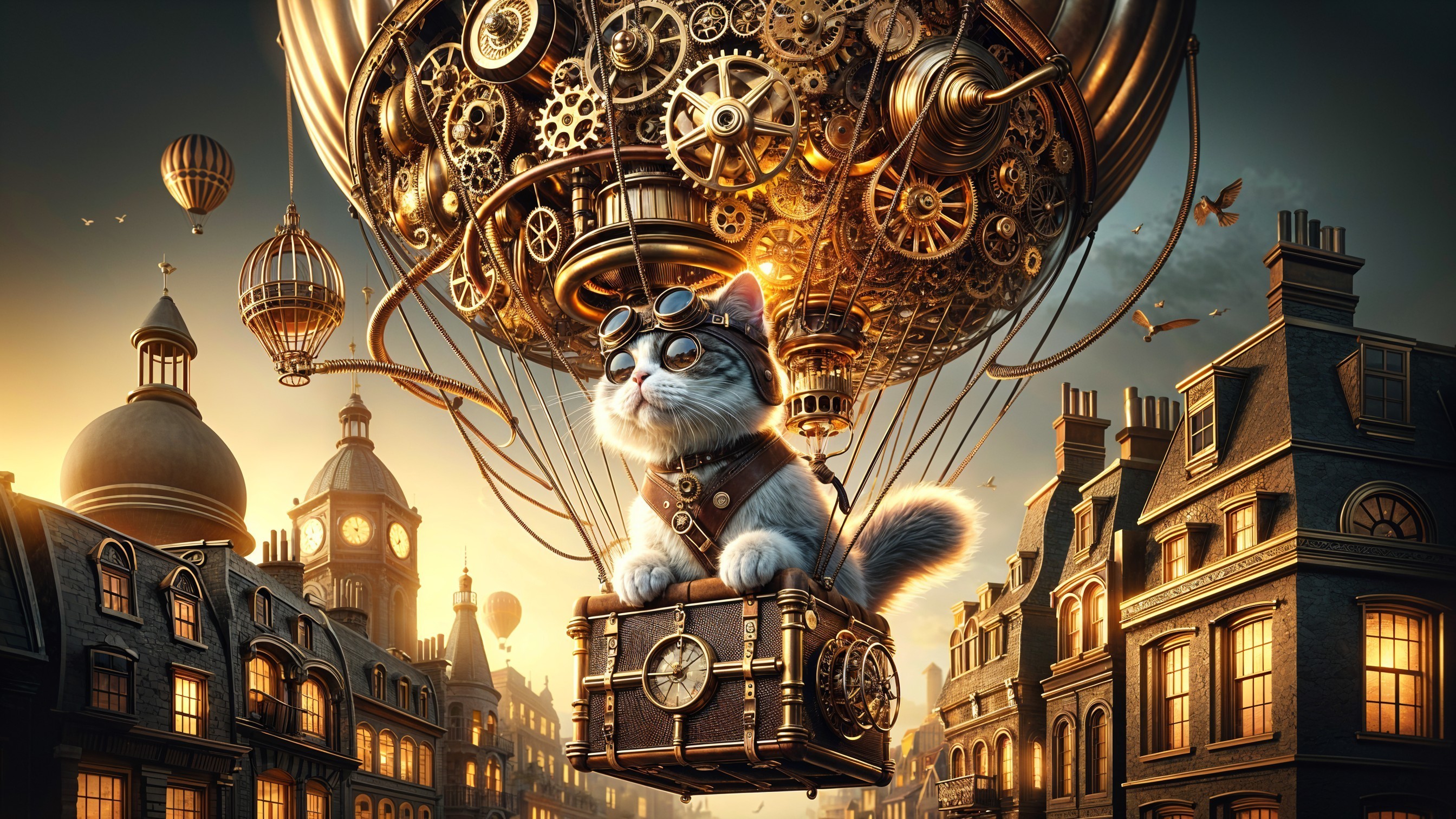 Cat in Vintage Goggles on Steampunk Hot Air Balloon