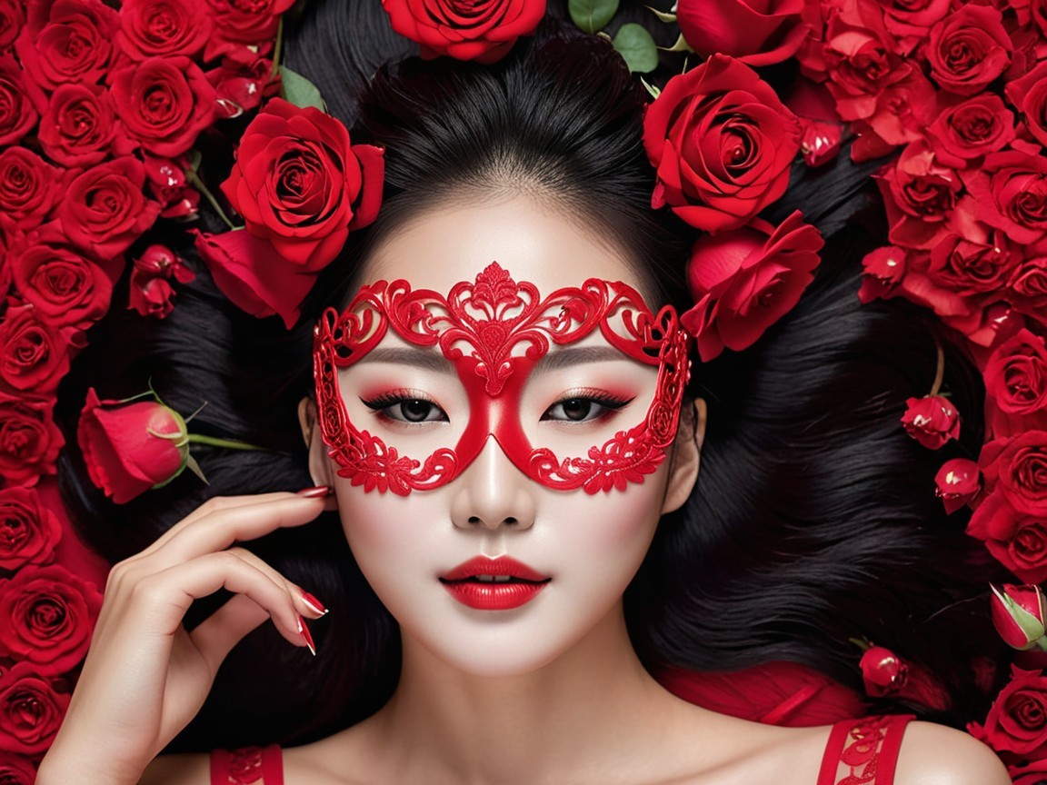Woman in red mask among lush red roses