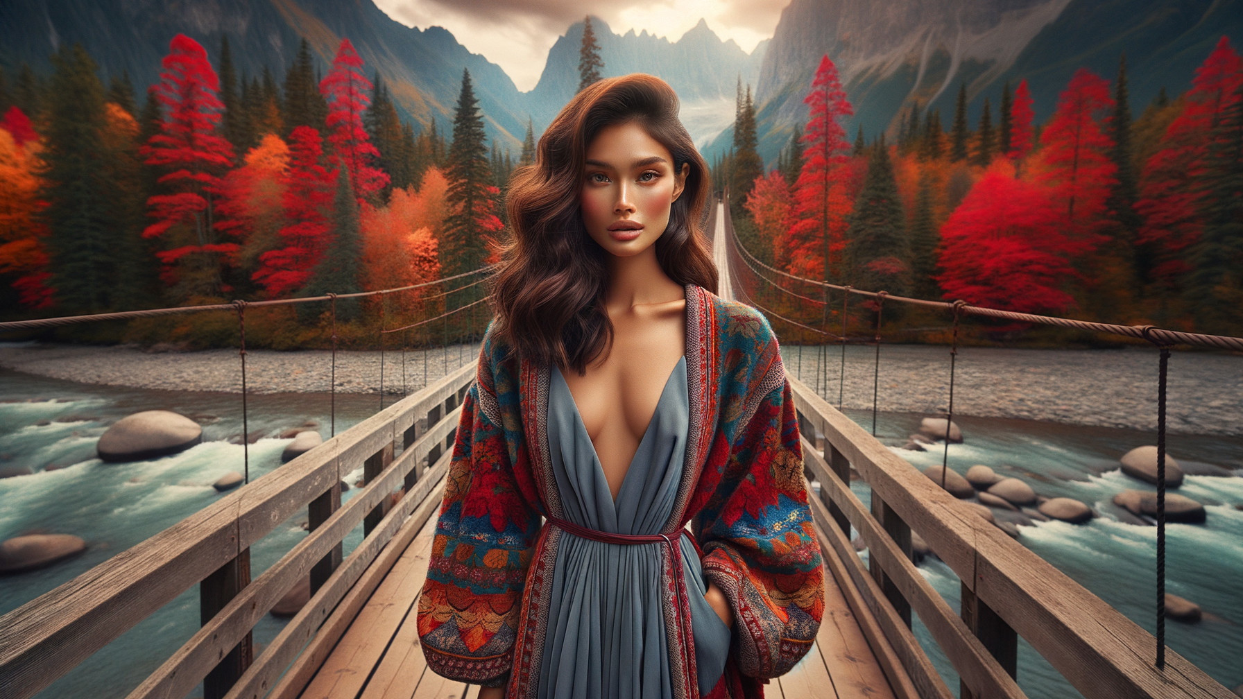 Woman on Bridge Amidst Autumn Landscape and Mountains