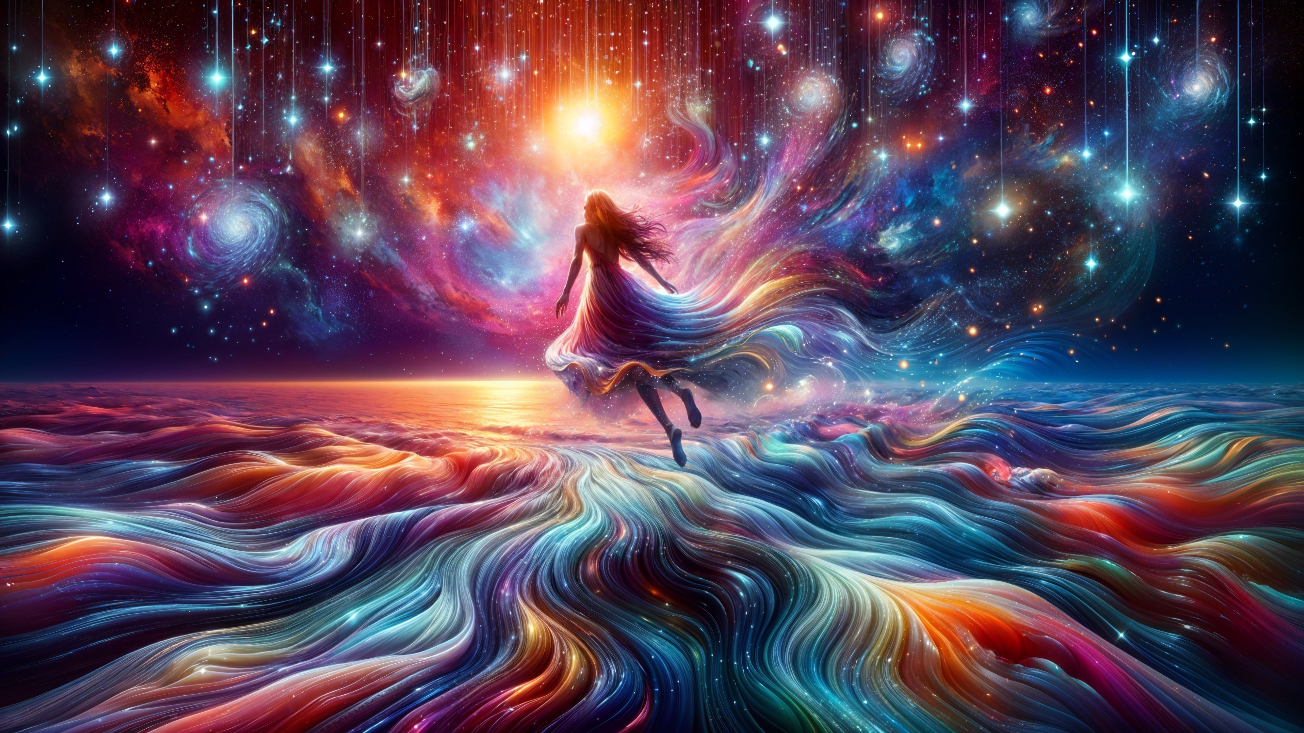 Surreal Landscape with Floating Woman and Colorful Sea
