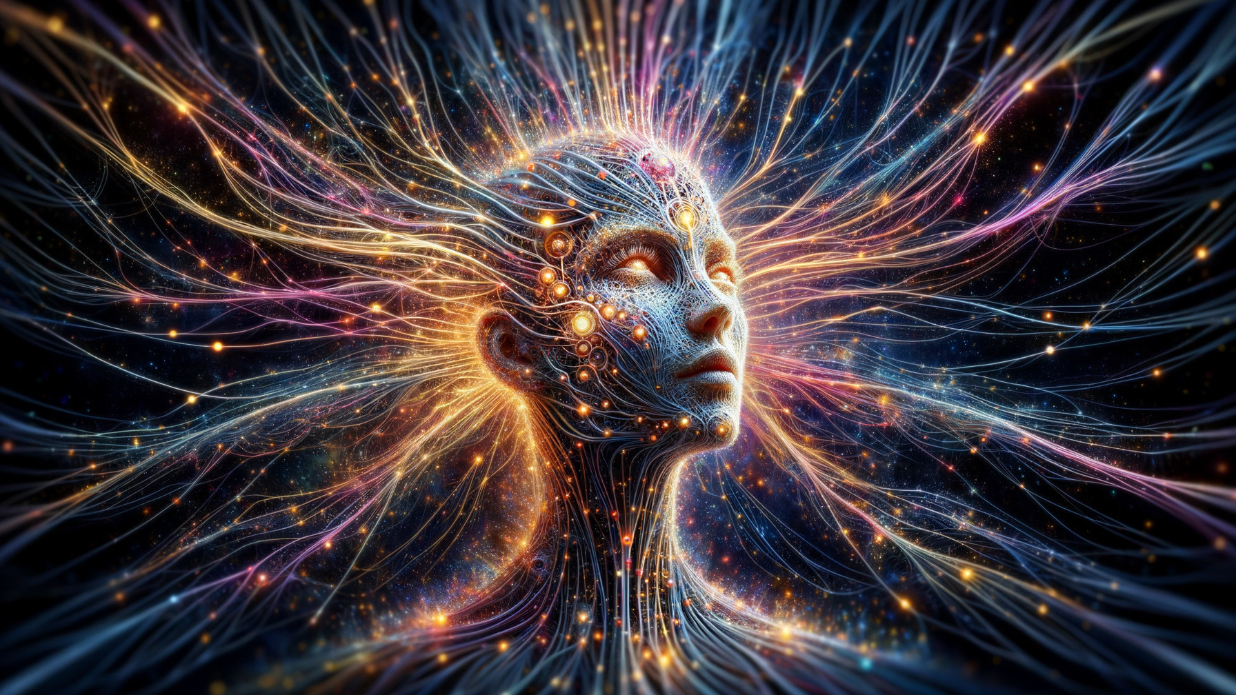 Futuristic figure with cosmic energy and light patterns