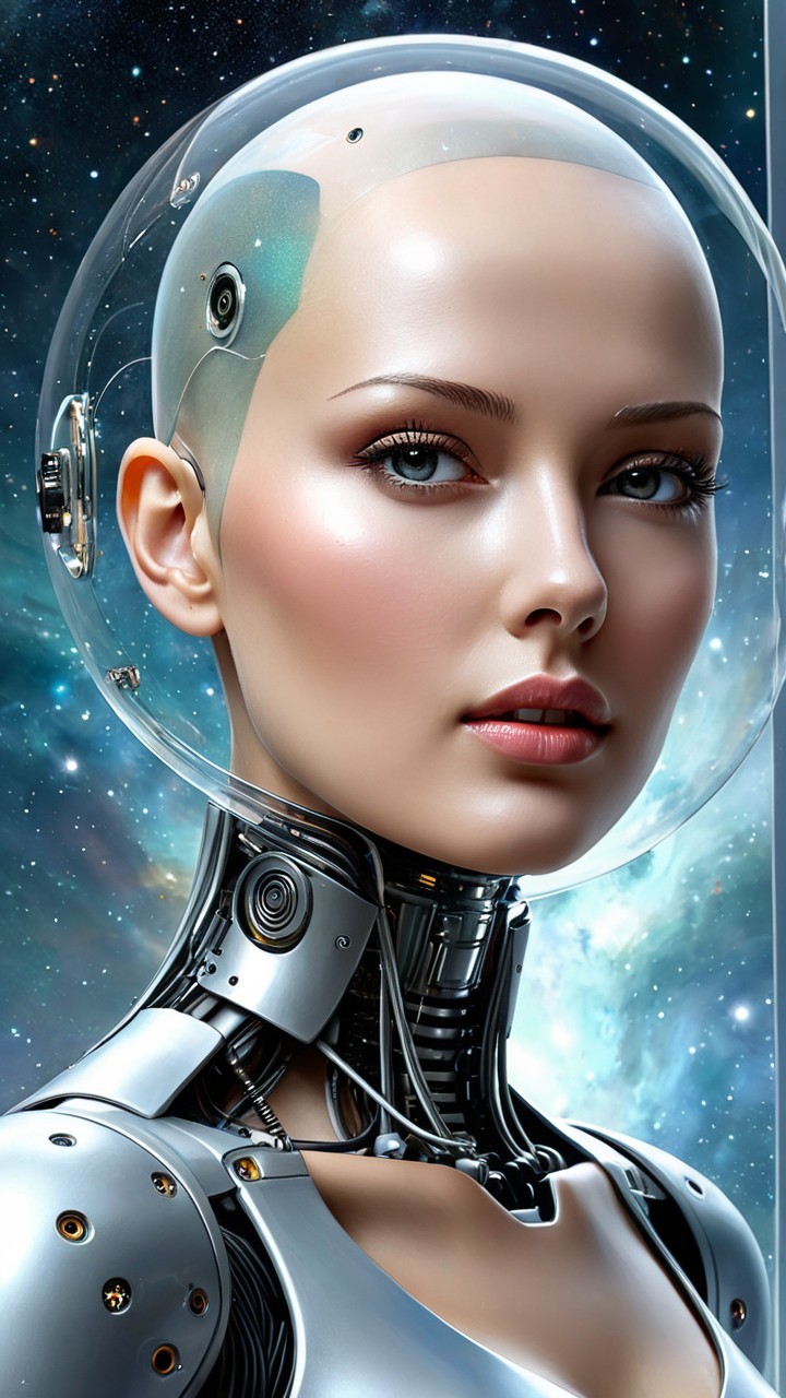 Futuristic humanoid robot in a starry cosmos setting