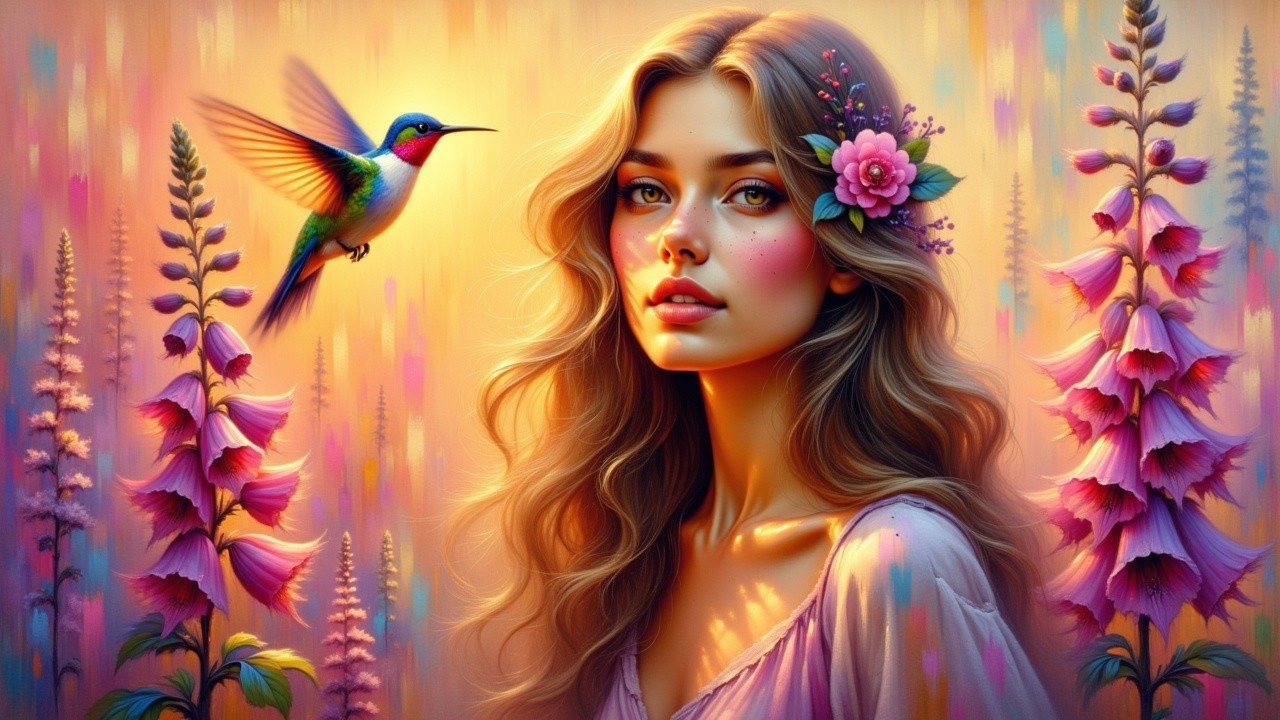 Young woman with flowers and hummingbird in nature