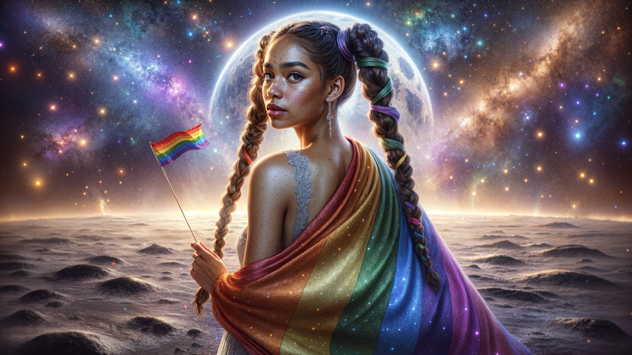 Young Woman with Rainbow Flag in Cosmic Setting
