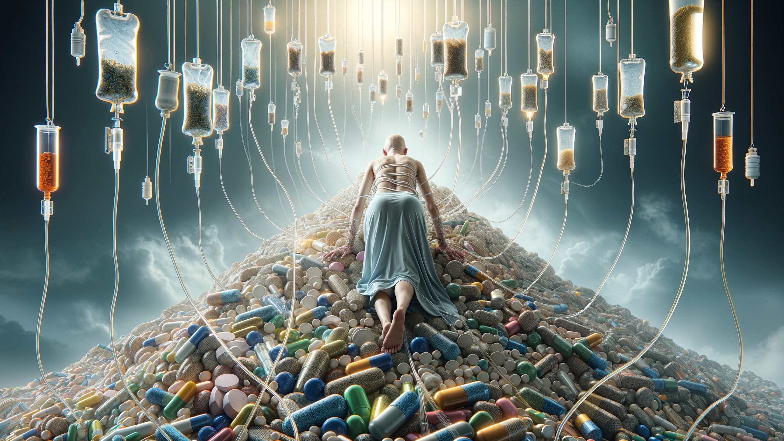 Figure in Dress Climbing Mountain of Colorful Pills