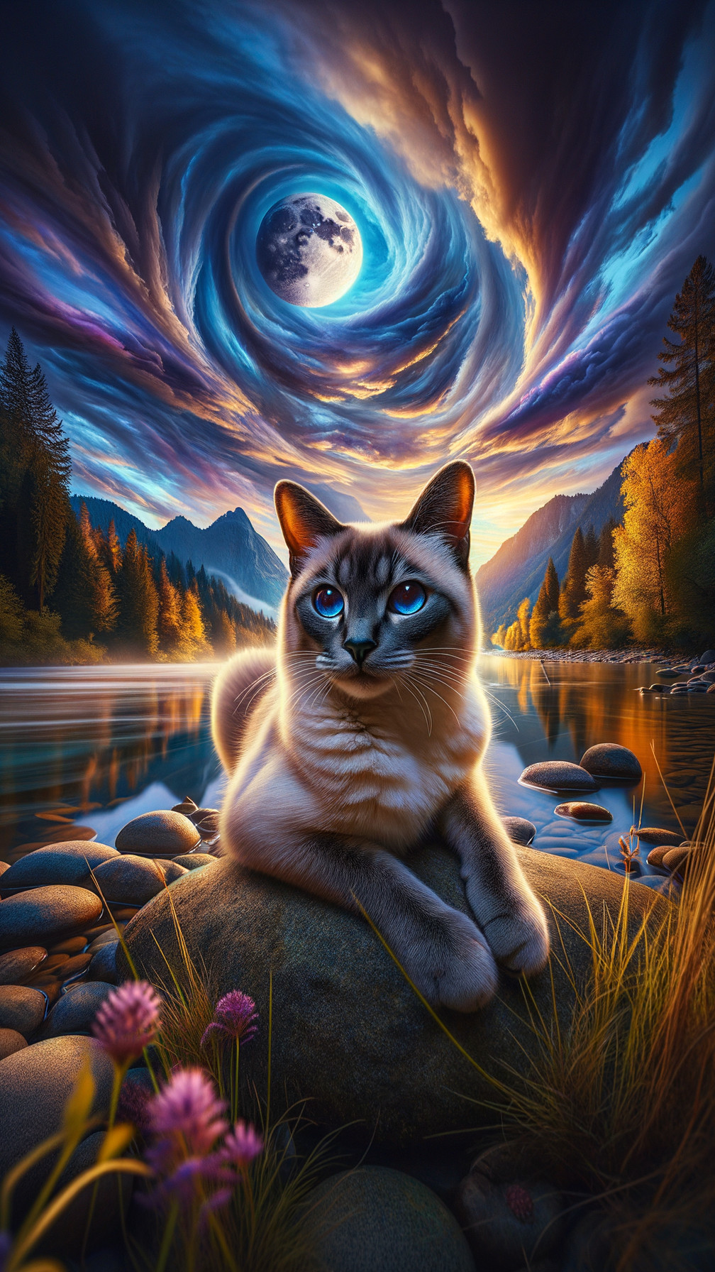 Siamese Cat by Riverbank Under Vibrant Sky