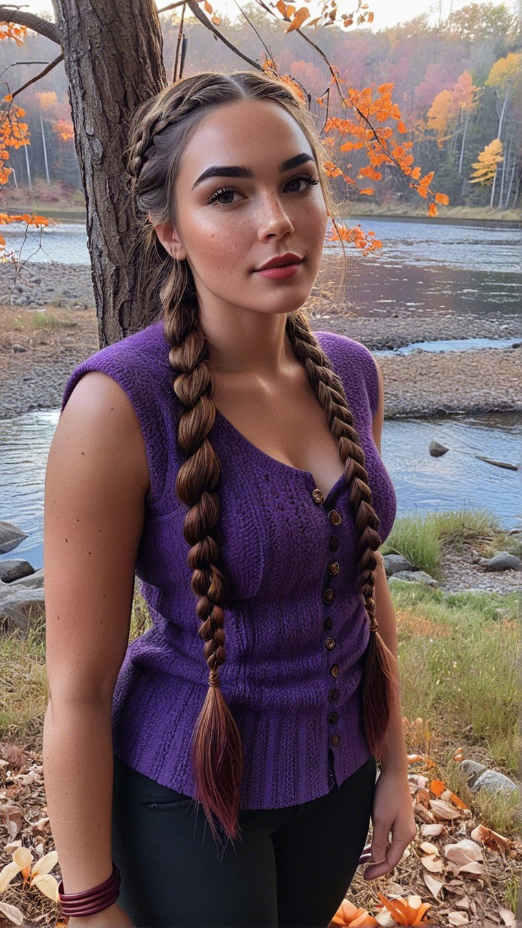 Young woman by riverside in autumn foliage