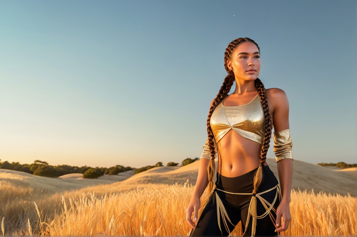 Model in Golden Crop Top and Black Leggings at Sunset