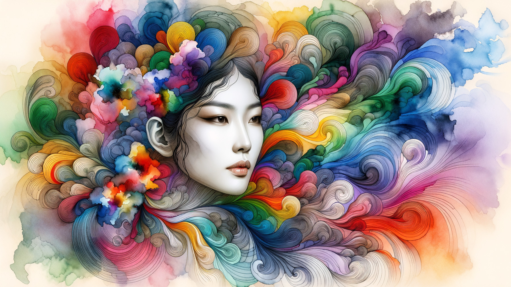 Serene Woman's Face in Colorful Abstract Patterns