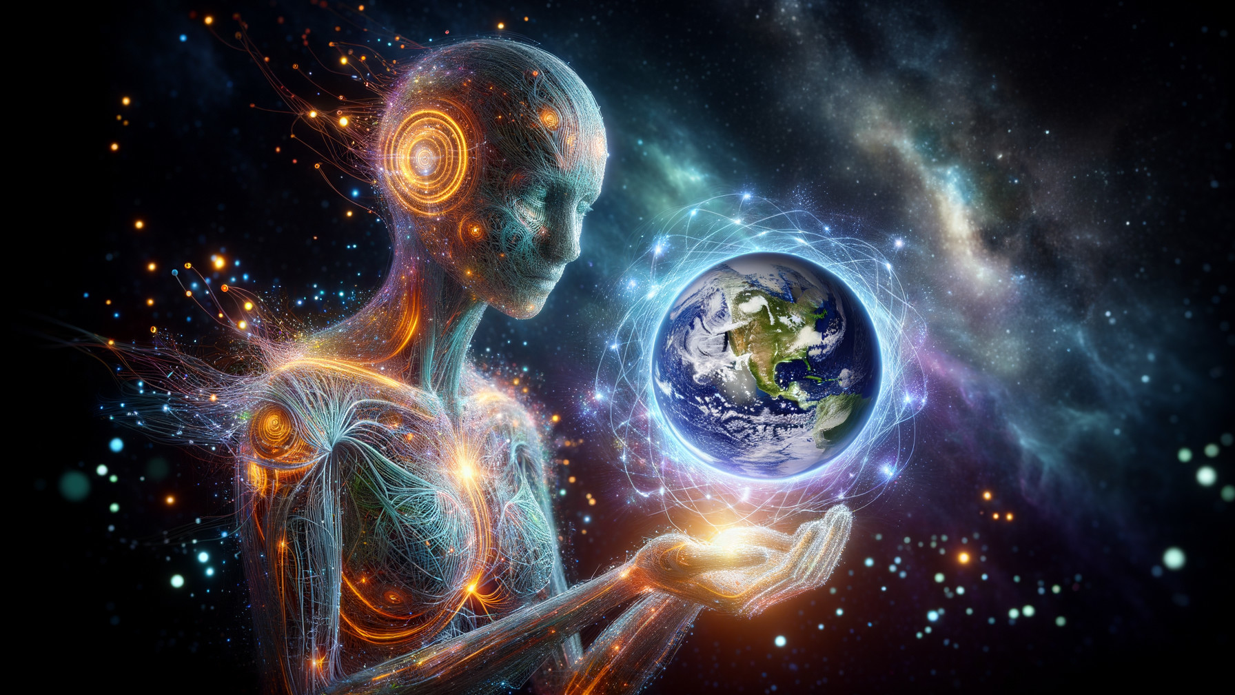 Ethereal Figure Holding Earth in Cosmic Galaxy Setting