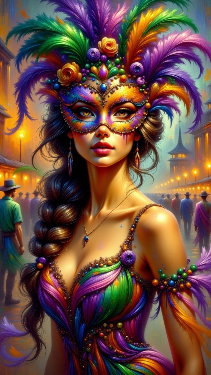 Elaborate Masquerade Costume with Colorful Feathers