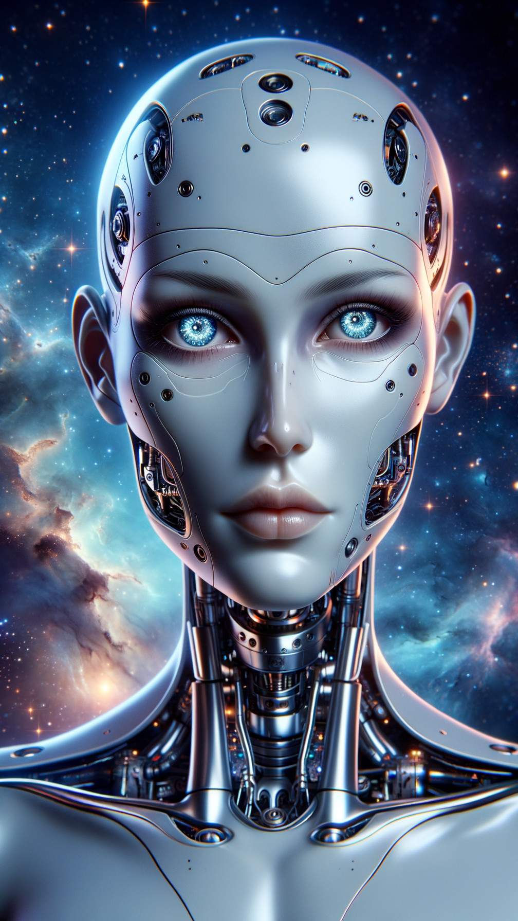 Futuristic humanoid robot in cosmic star backdrop