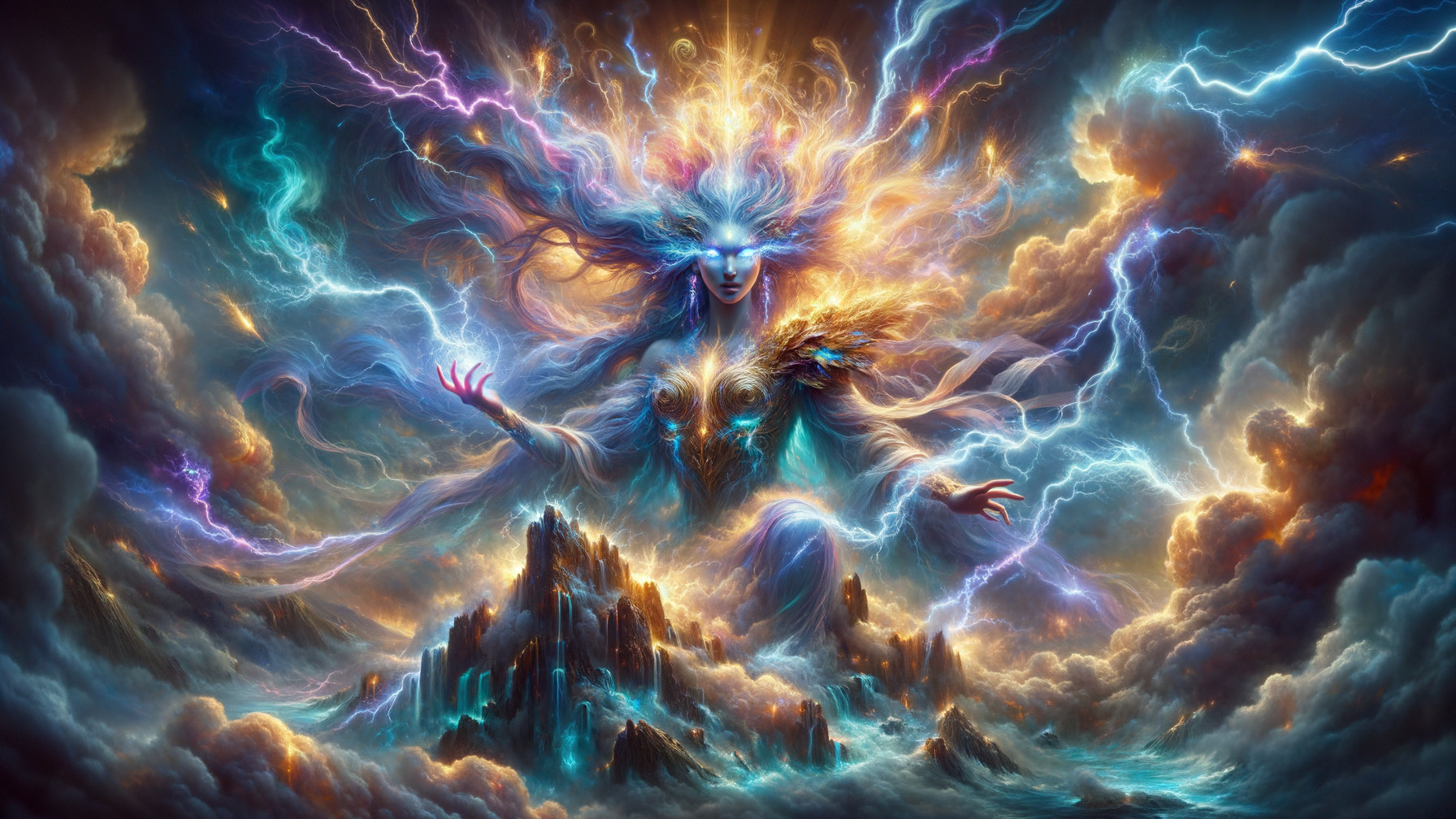 Goddess Surrounded by Stormy Sky and Mountains