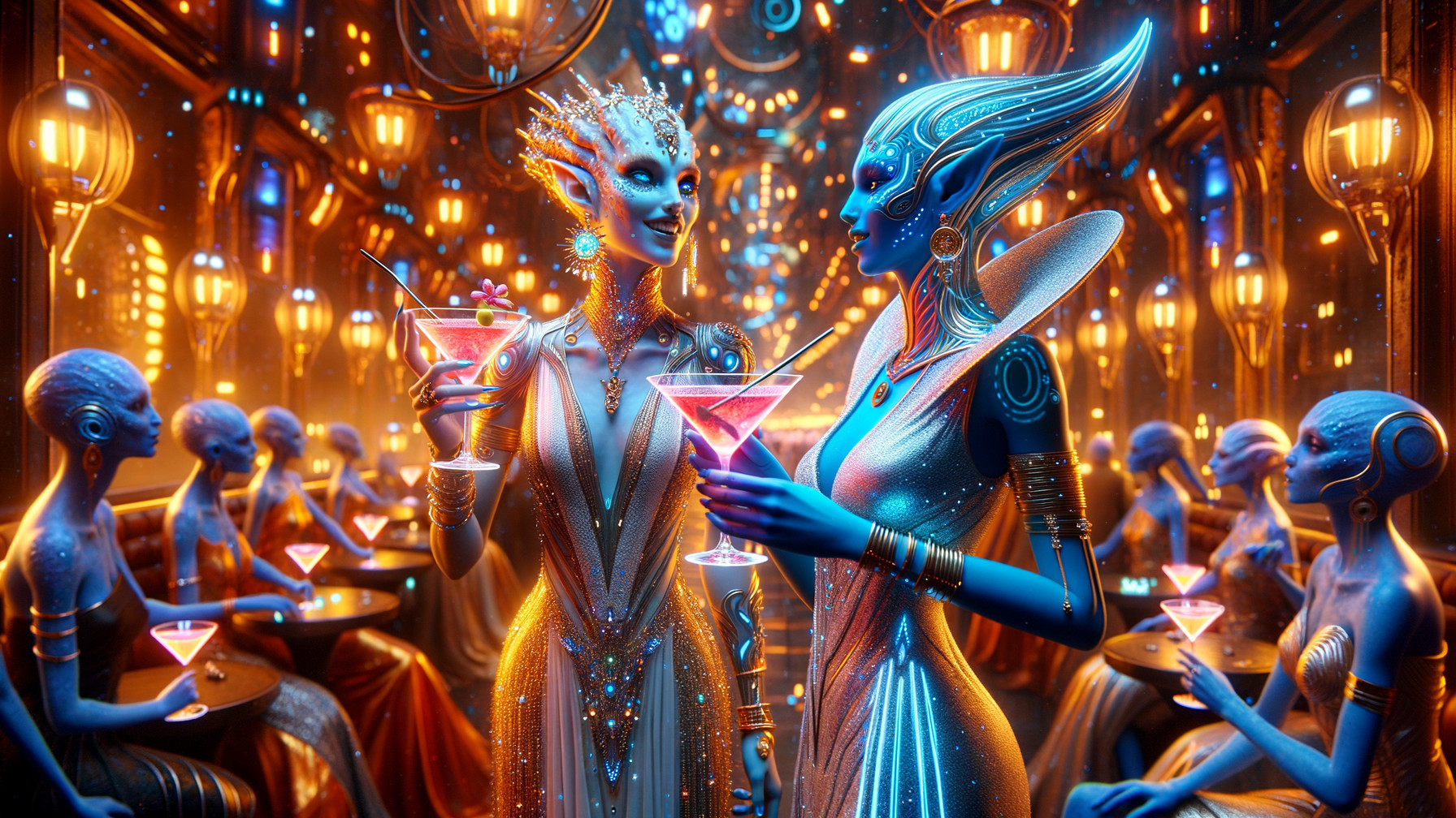 Futuristic Lounge with Elegant Alien Beings and Cocktails