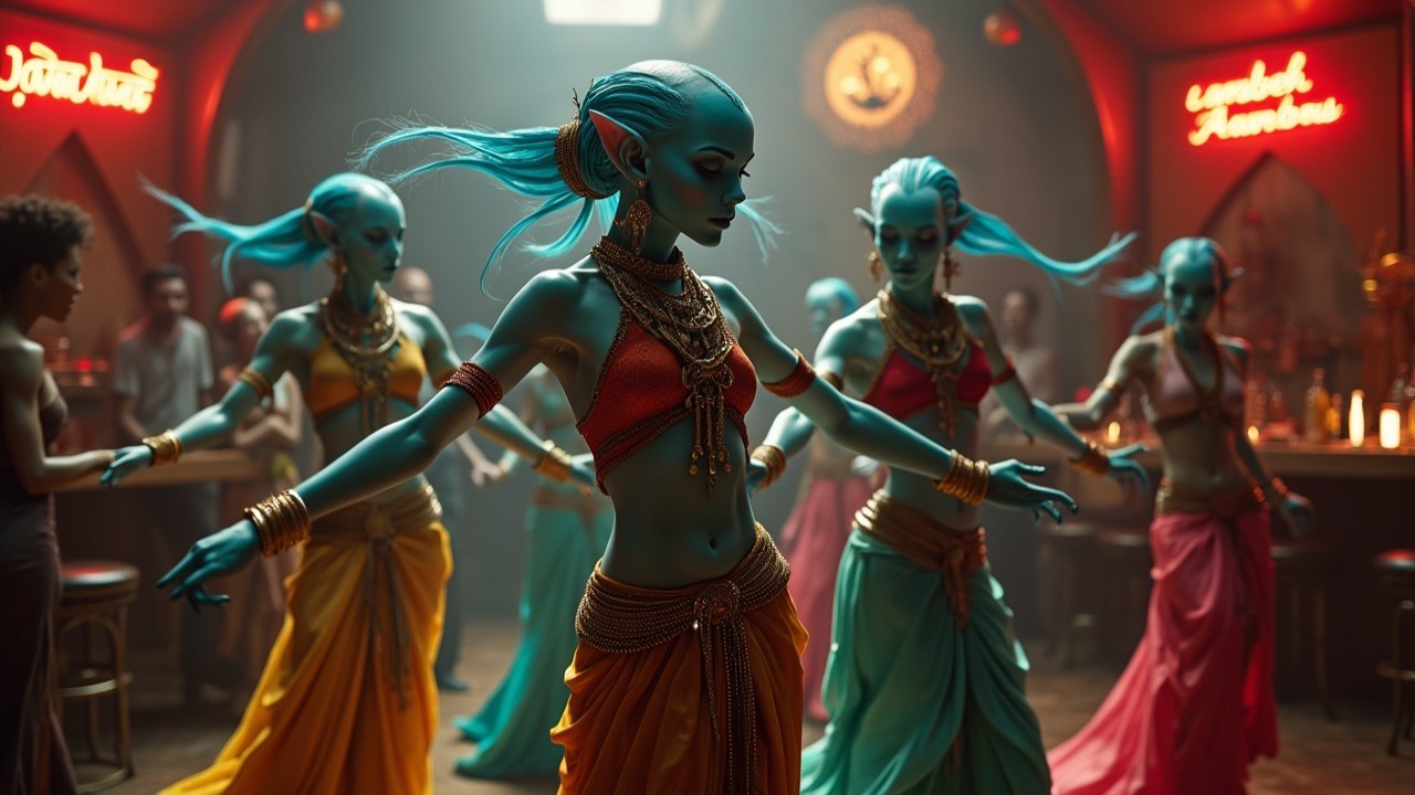 Blue-Skinned Dancers Perform Traditional Dance in Neon Venue